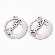 201 Stainless Steel Pendants, Laser Cut Pendants, Flat Round with Smile, Stainless Steel Color, 20x18x1mm, Hole: 1.6mm(STAS-S110-083P)
