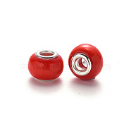 Handmade Lampwork European Beads, Large Hole Rondelle Beads, with Platinum Tone Brass Double Cores, Red, 14~15x9~10mm, Hole: 5mm(LPDL-N001-026-B02)