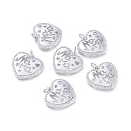 Brass Micro Pave Cubic Zirconia Pendants, with Jump Rings, Long-Lasting Plated, Cadmium Free & Lead Free & Nickel Free, for Mother's Day, Heart with Word Mom, Clear, Platinum, 19x20x3mm, Hole: 3.4mm(KK-I673-22P)