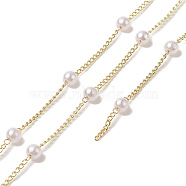 Handmade Plastic Pearl Beaded Chains, with Rack Plating Brass Curb Chains, Soldered, with Card Paper, Golden, 6.5x4mm(CHC-C026-01)