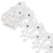 Polyester Lace Trim, with Crystal Rhinestone, Floral, White, 3-3/8 inch(85~90mm), about 1.09 Yards(1m)/Roll(OCOR-WH0068-84A)