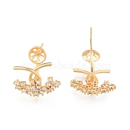 Brass Pave Clear Cubic Zirconia Stud Earring Findings, for Half Drilled Beads, Arch, Cadmium Free & Nickel Free & Lead Free, Real 18K Gold Plated, 18x18.5mm, Pin: 0.7mm and 0.9mm(for half drilled beads)(KK-N216-534)