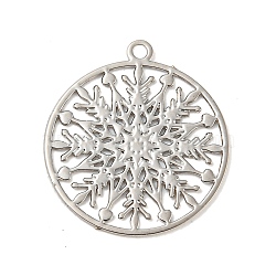 Brass Etched Metal Embellishments Connecotr Charms, Long-Lasting Plated, Flat Round with Snowflake, Platinum, 17x15x0.3mm, Hole: 1.2mm(KKC-D001-12P)