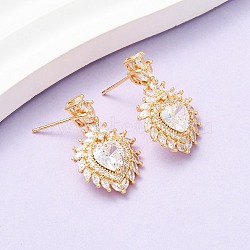 Heart Brass Micro Pave Clear Cubic Zirconia Dangle Stud Earrings, Pave Cluster Earring, Real 18K Gold Plated, 26x16mm(EJEW-D346-08G)