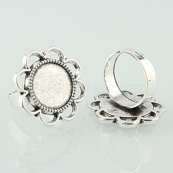 Vintage Adjustable Iron Finger Ring Components Alloy Flower Cabochon Bezel Settings, Cadmium Free & Lead Free, Antique Silver, Flat Round Tray: 14mm, 17mm(X-PALLOY-O039-25AS)