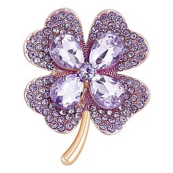 Cubic Zirconia Clover Brooch Pin, Golden Alloy Badge for Backpack Clothes, Purple, 42x50mm(JBR105D)