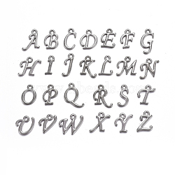 Alloy Letter Pendants, Rack Plating, Letter A~Z, Gunmetal, 12~17x4~15x2mm, Hole: 1.5mm, 26letters, 1pc/letter, 26pcs/set(PALLOY-X0037-68B)