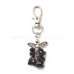 Natural Obsidian Beaded Cluster Pendant Decorates, with Swivel Clasps, Lobster Clasp Charms, Clip-on Charms, for Keychain, Purse, Backpack Ornament, Stitch Marker, Wings, 67~68mm(HJEW-JM00697-02)