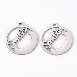 Non-Tarnish 201 Stainless Steel Pendants, Laser Cut Pendants, Flat Round with Smile, Stainless Steel Color, 20x18x1mm, Hole: 1.6mm(STAS-S110-083P)