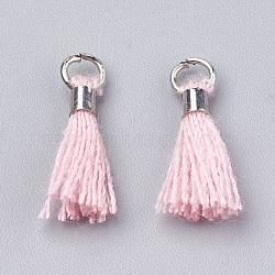 Polycotton(Polyester Cotton) Tassel Pendant Decorations, Mini Tassel, with Brass Findings, Platinum, Pearl Pink, 10~15x3~4mm, Hole: 2mm(FIND-S275-27P)