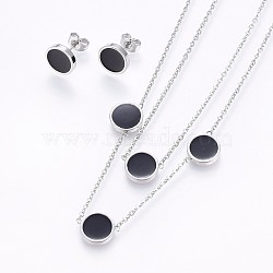 304 Stainless Steel Jewelry Sets, Two-tier Necklaces and Stud Earrings, with Enamel, Flat Round, Stainless Steel Color, 16.93 inch(43cm), 10x2mm, Pin: 0.8mm(SJEW-H129-28P)