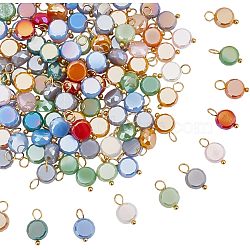 120Pcs Electroplate Opaque Glass Charms, with Golden Plated Brass Loops, Flat Round, Mixed Color, 12.5~13x8x4mm, Hole: 3~3.5mm(FIND-HY0001-36)