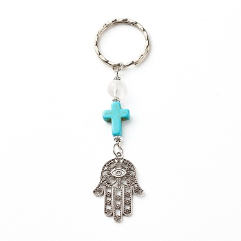 Natural Quartz Crystal Beads and Synthetic Turquoise beads Keychain, with Tibetan Style Alloy Pendants, Spacer Beads and Iron Eye Pin, Cross & Hamsa Hand/Hand of Fatima/Hand of Miriam with Eye, 10cm