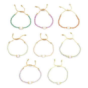 Adjustable Pearl & Glass & Brass Braided Beaded Bracelet for Women, Mixed Color, Inner Diameter: 1-7/8~2-7/8 inch(4.8~7.3cm)