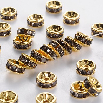 Brass Grade A Rhinestone Spacer Beads, Golden Plated, Rondelle, Nickel Free, Black Diamond, 10x4mm, Hole: 2mm