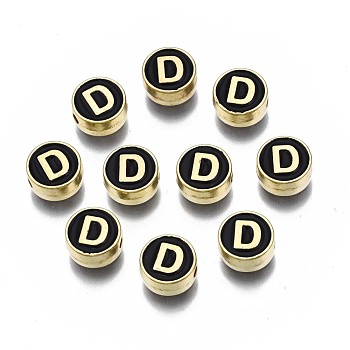 Alloy Enamel Beads, Cadmium Free & Lead Free, Light Gold, Flat Round with Alphabet, Black, Letter.D, 8x4mm, Hole: 1.5mm