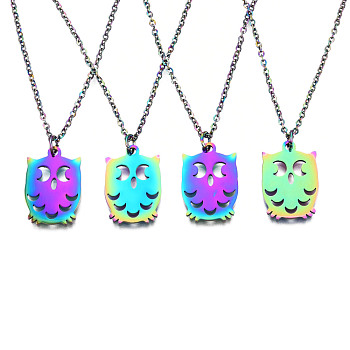 201 Stainless Steel Pendants Necklaces, with Cable Chains and Lobster Claw Clasps, Owl, Rainbow Color, 15-3/4 inch(40cm), 1.5mm