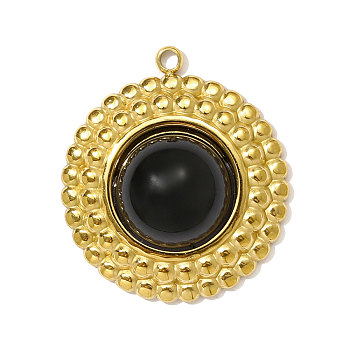 304 Stainless Steel with Synthetic Black Onyx Pendants, Round, Ion Plating(IP), Real 18K Gold Plated, 22x18mm