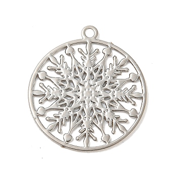 Brass Etched Metal Embellishments Connecotr Charms, Long-Lasting Plated, Flat Round with Snowflake, Platinum, 17x15x0.3mm, Hole: 1.2mm