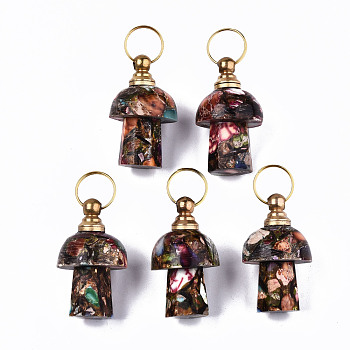 Assembled Synthetic Bronzite and Imperial Jasper Openable Perfume Bottle Pendants, with Light Gold Brass Findings, Dyed, Mushroom, Colorful, Capacity: 1ml(0.03 fl. oz), 34~35x20~21mm, Hole: 10.5mm