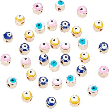 Alloy Beads, with Enamel, Column with Evil Eye, Light Gold, Mixed Color, 5.5x6x6mm, Hole: 1.4mm, 4 Colors, 30pcs/color, 120pcs/box