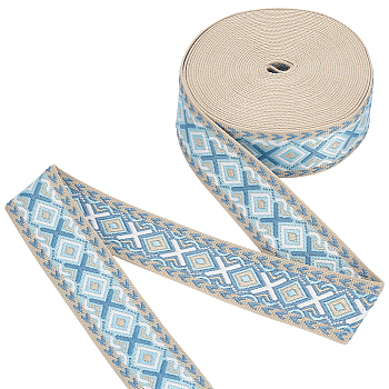 Ethnic Style Polyester Ribbon, Rhombus Pattern, for Garment Accessories, Gift Decoration, Aqua, 2 inch(50mm), about 11 Yards/Roll