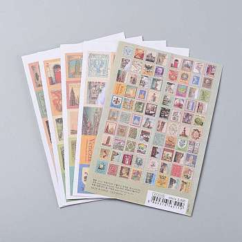 Postage Stamp Shape DIY Paper Label Paster Picture Stickers, Mixed Pattern, Mixed Color, 22~56x16~44mm, about 5 sheets/set