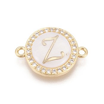 Brass Micro Pave Cubic Zirconia Links, with Shell, Long-Lasting Plated, Lead Free & Cadmium Free & Nickel Free, Real 18K Gold Plated, Flat Round with Letter, Clear, Letter.Z, 13.5x18.5x4.5mm, Hole: 1.4mm