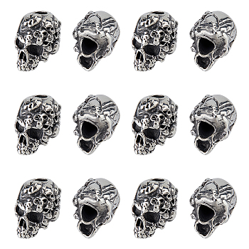 12Pcs 304 Stainless Steel European Beads, Skull, Large Hole Beads, Antique Silver, 15.5x11x11.5mm, Hole: 4mm