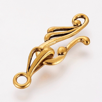 Tibetan Style Hook and Eye Clasps, Lead Free and Cadmium Free, Antique Golden, Size: Toggle: 12mm wide, 25mm long, Bar: 16mm long, hole: 3mm