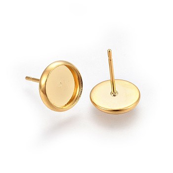 Flat Round 304 Stainless Steel Stud Earring Settings, Real 18K Gold Plated, Tray: 6mm, 8mm