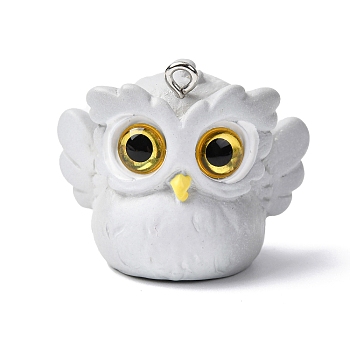 Opaque Resin Pendants, Owl Charm, with Platinum Iron Loop, Light Grey, 26x31x22mm, Hole: 2mm