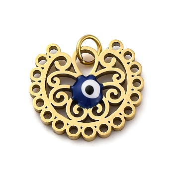 304 Stainless Steel Enamel Charms, with Jump Ring, Flower & Evil Eyes Charms, Ion Plating(IP), Real 18K Gold Plated, Blue, 13.5x14.5x2mm, Hole: 2.5mm