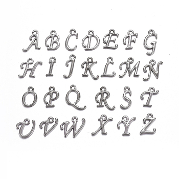 Alloy Letter Pendants, Rack Plating, Letter A~Z, Gunmetal, 12~17x4~15x2mm, Hole: 1.5mm, 26letters, 1pc/letter, 26pcs/set