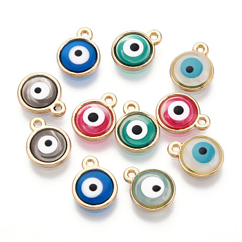 Epoxy Resin Enamel Pendants, Evil Eye Charms, with Rack Plating Light Gold Tone Alloy Open Back Bezel, Cadmium Free & Nickel Free & Lead Free, Mixed Color, 18.5x16x2.5mm, Hole: 1.2mm