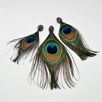 Peacock Feather Big Pendants, with Polymer Clay Rhinestone and Brass Findings, Platinum, Dark Green, 102~147x40~68x10mm, Hole: 2mm