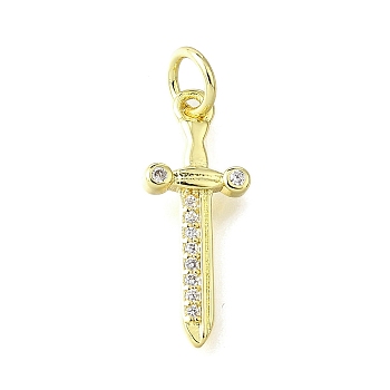 Brass Micro Pave Cubic Zirconia Pendants, Sword Charms, with Jump Ring, Long-Lasting Plated, Lead Free & Cadmium Free, Rack Plating, Real 18K Gold Plated, 19x7.5x2mm