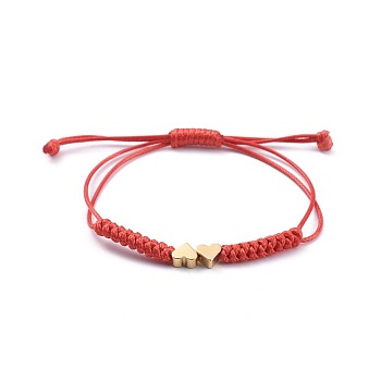 Unisex Adjustable Korean Waxed Polyester Cord Braided Bead Bracelets, Red String Bracelets, with Brass Beads, Heart, Real 18K Gold Plated, Red, 2.2~7.8cm