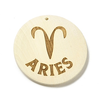 Wood Pendants, Flat Round, Aries, 40x39x6mm, Hole: 1.6mm