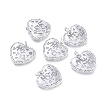 Brass Micro Pave Cubic Zirconia Pendants, with Jump Rings, Long-Lasting Plated, Cadmium Free & Lead Free & Nickel Free, for Mother's Day, Heart with Word Mom, Clear, Platinum, 19x20x3mm, Hole: 3.4mm