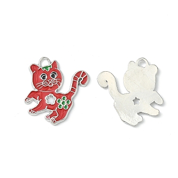 Alloy Enamel Kitten Pendants, Cadmium Free & Lead Free, Cartoon Cat with Flower Shape, Platinum Color, Crimson, 27x24x2mm, Hole: 3mm
