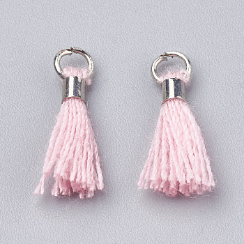 Polycotton(Polyester Cotton) Tassel Pendant Decorations, Mini Tassel, with Brass Findings, Platinum, Pearl Pink, 10~15x3~4mm, Hole: 2mm