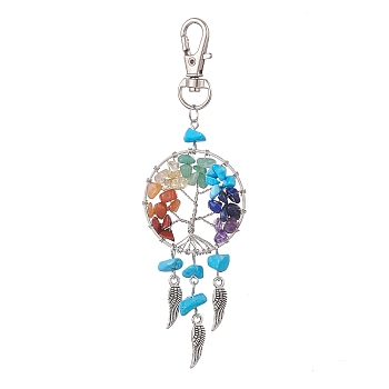 Woven Net/Web with Wing Pendant Decorations, with Gemstone Chips and Alloy Swivel Lobster Claw Clasps, Flat Round with Tree of Life, 113~115mm