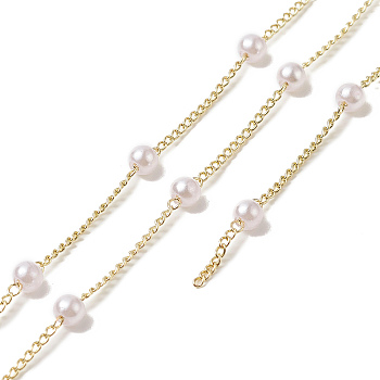 Handmade Plastic Pearl Beaded Chains, with Rack Plating Brass Curb Chains, Soldered, with Card Paper, Golden, 6.5x4mm