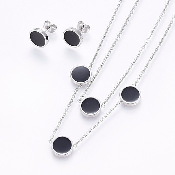 304 Stainless Steel Jewelry Sets, Two-tier Necklaces and Stud Earrings, with Enamel, Flat Round, Stainless Steel Color, 16.93 inch(43cm), 10x2mm, Pin: 0.8mm