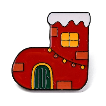 Christmas Theme Zinc Alloy Enamel Pins, Black Brooches, Christmas Socking, 30x28mm,