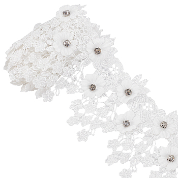 Polyester Lace Trim, with Crystal Rhinestone, Floral, White, 3-3/8 inch(85~90mm), about 1.09 Yards(1m)/Roll