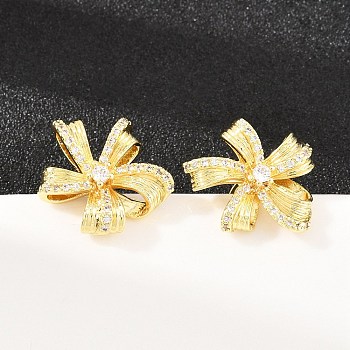 Brass Micro Pave Clear Cubic Zirconia Stud Earrings, Flower, Long-Lasting Plated, Rack Plating, Lead Free & Cadmium Free, Real 18K Gold Plated, 18x19mm