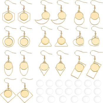 Dangle Earrings DIY Making Kit, Including 20Pcs 304 Stainless Steel Earring Hooks with Flat Round Tay, with 20Pcs Transparent Glass Cabochons, Trangle & Teardrop & Rectangle & Oval & Moon, Golden, Earring Hooks: 20pcs