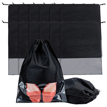 Non-woven & Polyester Bundle Pocket, with Drawstring Rope and Windows, Black, 44x31.9x0.5cm